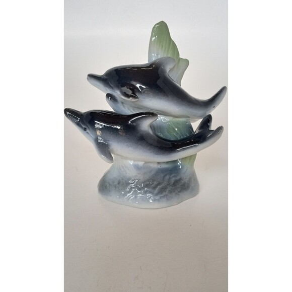 Vintage Porcelain Pair Of Dolphins on Wave Collectible Knick Knack - Picture 1 of 7